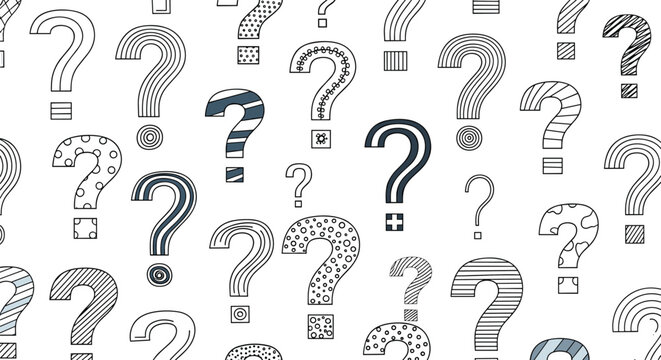Seamless pattern of hand drawn question marks in various sizes and artistic styles including dots, stripes, and solid fills on a white wall.