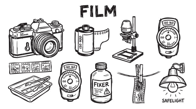 Film photography hand-drawn illustration set with 35mm camera, film roll, enlarger, light meter, film strip, developing tray, fixer bottle, film drying, and safelight. darkroom equipment collection.