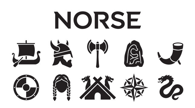 Norse vector illustration set with longship, viking helmet, battle axe, rune stone, drinking horn, shield, braided hair, viking tent, compass, and serpent. ancient scandinavian design elements.
