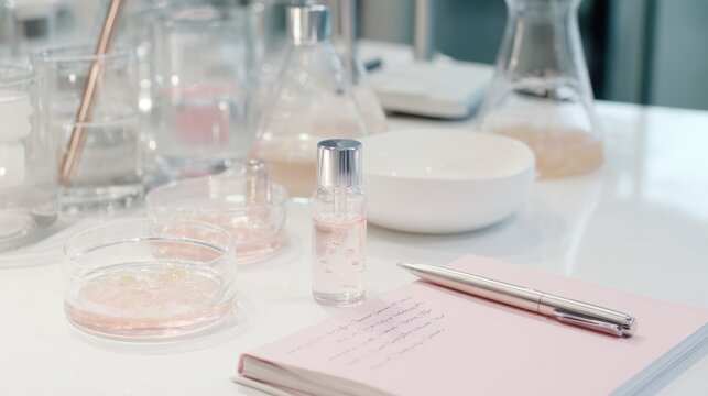 Cosmetic skincare lab workspace with serum bottle petri dishes and notebook for beauty product design card poster background
