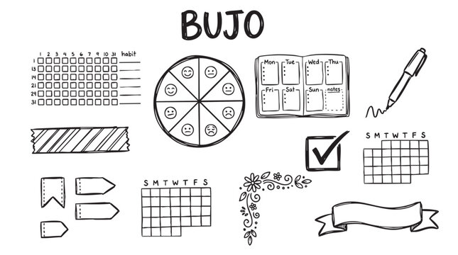 Bullet journal planning elements and layout stickers for productivity tracking.