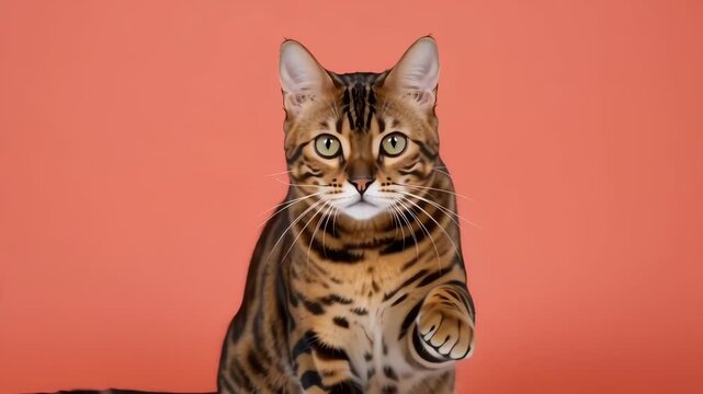 Funny Bengal cat lifting its paw with an excited expression. Isolated on coral pastel background. Cute pet concept for advertising and social media.
