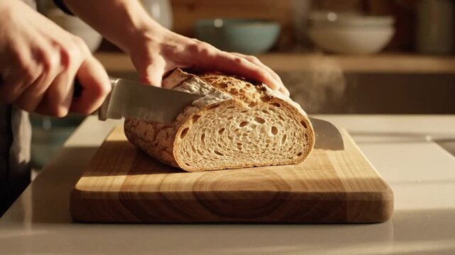 Chef carefully slices freshly baked crusty artisan sourdough bread on a wooden cutting board in a kitchen.