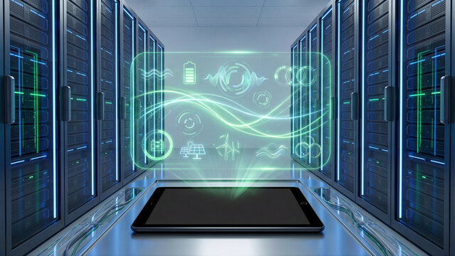 Futuristic data center server room with tablet projecting holographic renewable energy icons solar wind battery and analytics waves showcasing sustainable ai cloud computing technology dashboard conce