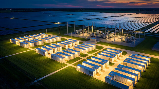 Aerial view of a large-scale energy storage power station operating at night with illuminated container modules and surrounding solar panels