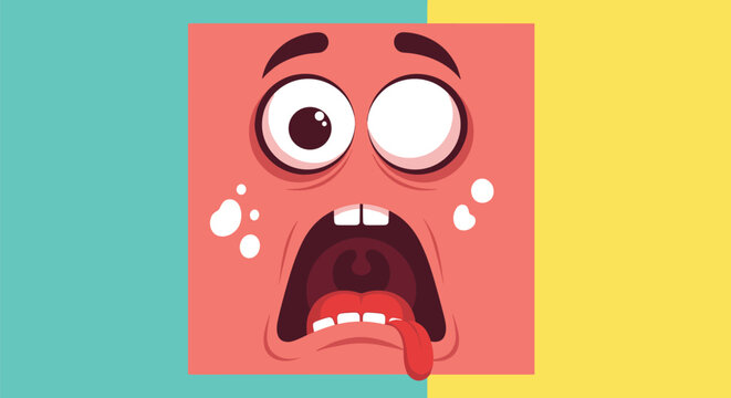 Square pink cartoon character with a wide open mouth and surprised expression against a split blue and yellow backdrop.