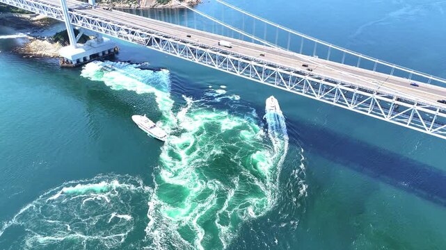 Naruto Strait | Two Boats | Whirlpools | Aerial | Japan - 4K Aerial Video
