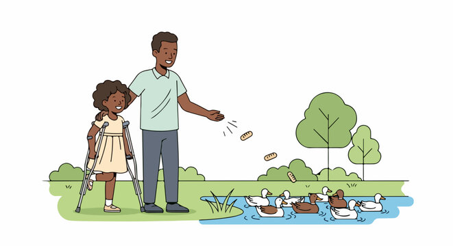 Illustrated feeding ducks scene with adult and child near pond. Whimsical outdoor activity featuring bread crumbs and waterfowl. Family-friendly concept for education or park promotion.