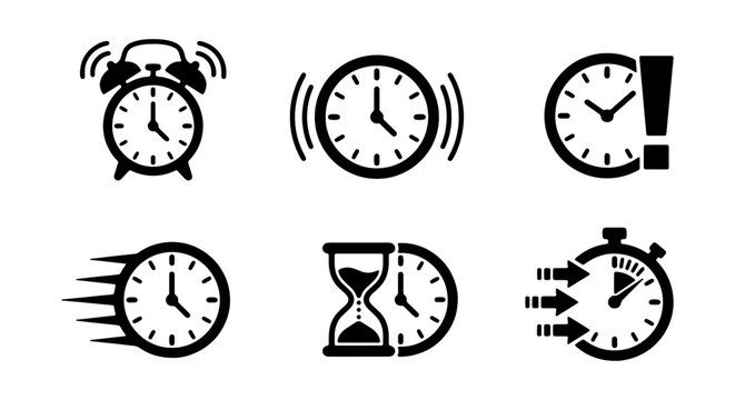 Time, Clocks, Icons, Vector Set of 6 Alarm, Speed, Hourglass Symbols