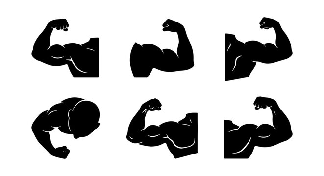 Muscle icons, flexing arm silhouettes, bodybuilding poses, fitness graphics, black vector set