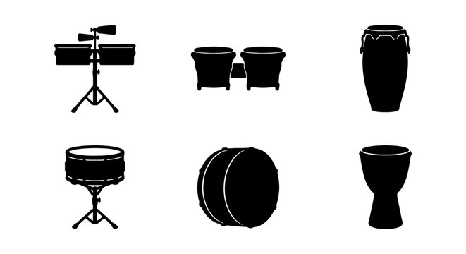 Drum set, black drum icons, percussion instruments, music equipment