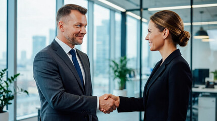Fototapeta premium Mature businessman and businesswoman smiling while shaking hands in modern office with city skyline view, symbolizing successful partnership.