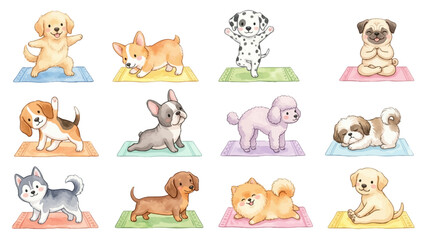Fototapeta premium Cute watercolor puppy yoga clipart with adorable dog poses. Collection of Vector illustrations for invitation, card, poster, banner, decoration