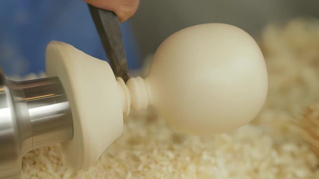 Woodturning process shaping a smooth, rounded object with a chisel