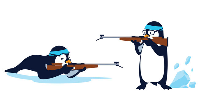 Humorous illustration of two penguins participating in a winter biathlon sport, one lying prone and one standing while aiming rifles.