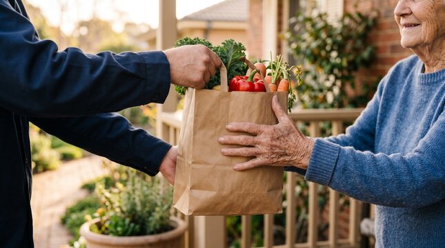 Meal delivery person handing a nutritious meal bag to a senior at an assisted living homes front entrance with focus on the meal and the elderly hand receiving it while the rest .
