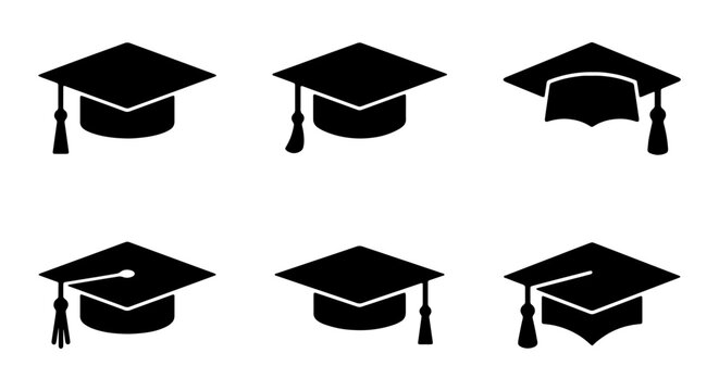 Graduation caps, academic icons, education symbols, graduation hat set, black silhouette