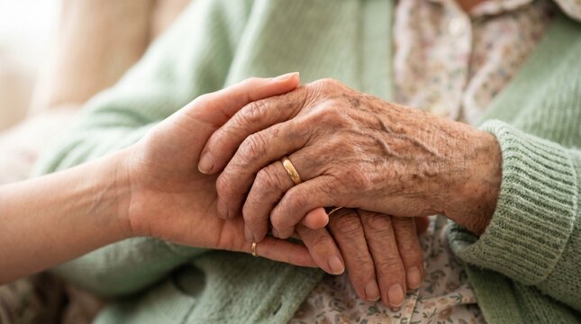 Close-up handshake between young man and senior woman symbolizing trust and support