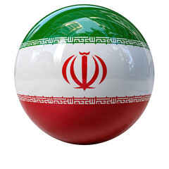 Fototapeta premium A glossy 3D sphere wrapped in the national flag of Iran featuring the red, white, and green stripes with the central emblem, isolated on transparent background.