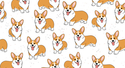 Fototapeta premium Cute seamless pattern featuring many happy welsh corgi dogs in different poses over a white background for pet lovers.