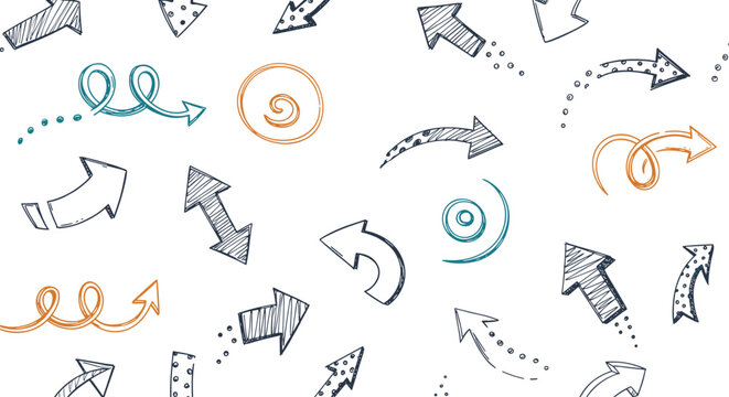 Hand drawn doodle arrows in various shapes and colors scattered across a white background for creative design projects.