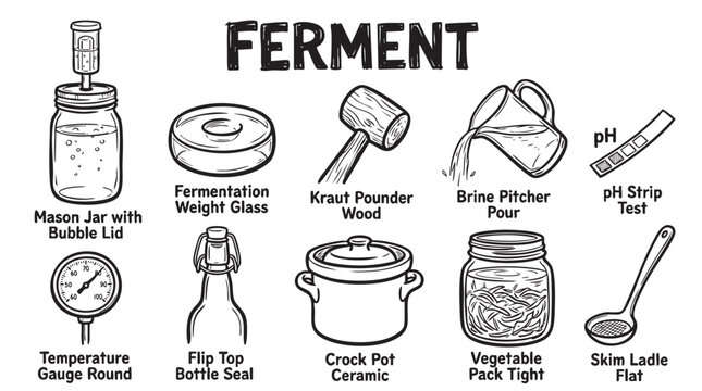 Fermentation equipment set including mason jars glass weights wooden pounders and ceramic crocks for food preservation.
