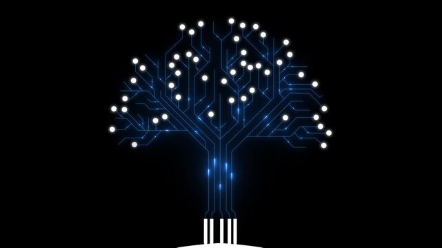 Circuit tree on black background. Science and technology concept video on transparent background.