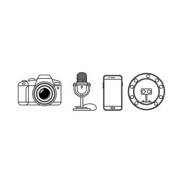 Digital camera microphone smartphone light meter production icons set with microphone