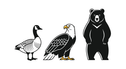 Obraz premium Three distinct animal icons featuring a goose, a bald eagle, and a bear are presented in a clean black and white graphic design style.