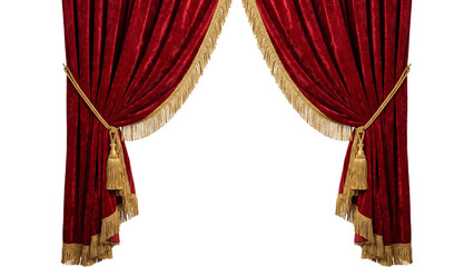 Elegant red velvet curtains with golden fringe and tassels on transparent background.