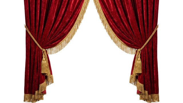 Elegant red velvet curtains with golden fringe and tassels on transparent background.