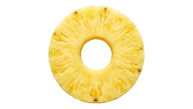Fresh pineapple ring slice with center hole top view and juicy texture isolated on transparent background element.