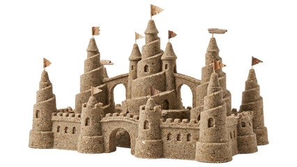 Large detailed sandcastle sculpture with multiple towers and flags isolated on transparent background design element. © Png ProTeam
