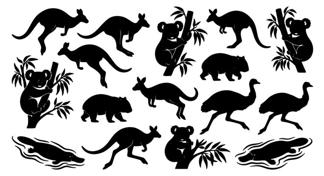 Australian Wildlife Silhouettes: Kangaroos, Koalas, Emus, Wombats, Platypus Vector Set, Black and White Icons for Nature and Safari Designs