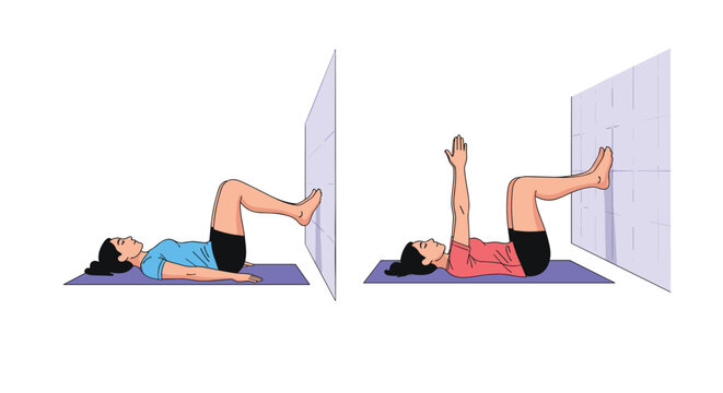Yoga posture illustration shows a woman performing a wall supported stretch with arms raised for core stability and flexibility training.