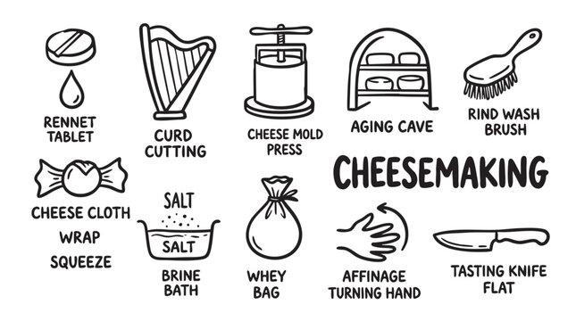 Cheesemaking process icons showing production steps and specialized equipment.