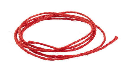 Red cord loop curled on transparent background with detailed fiber texture for creative design...