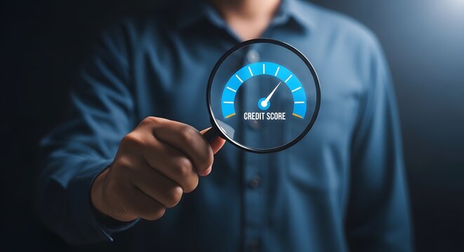 Credit score analysis hand holding magnifying glass over gauge