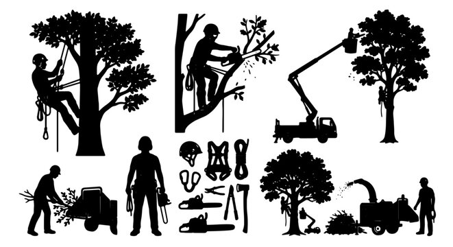 Arborist Silhouette Set: Tree Care Professionals, Equipment, and Services Vector Collection for Landscaping and Forestry