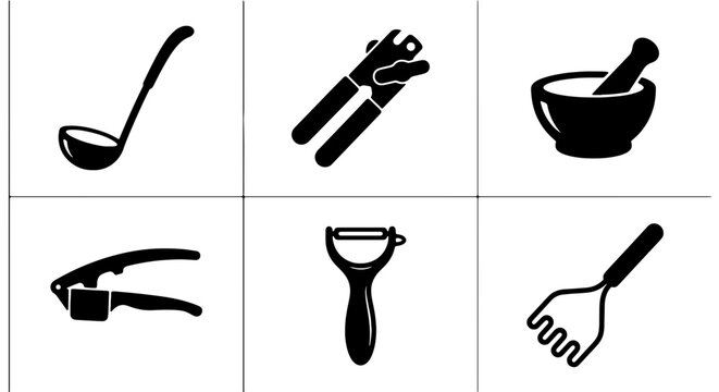 Kitchen Utensil Icons Set: Ladle, Can Opener, Mortar Pestle, Garlic Press, Peeler, Masher. Simple Black and White Vector Graphics for Cooking and Food Preparation.