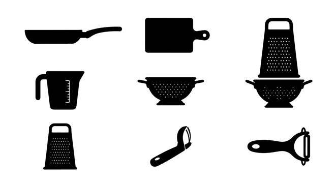 Kitchen Utensil Icons Set, Vector Graphics: Frying Pan, Cutting Board, Grater, Measuring Cup, Colander, Peeler, Cooking Tools Collection for Food Preparation and Culinary Design