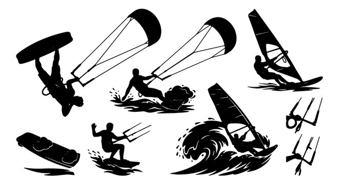 Kitesurfing and Windsurfing Silhouettes, Extreme Water Sports Vector Icons, Dynamic Ocean Wave Action Graphics, Action Sports Vector Collection