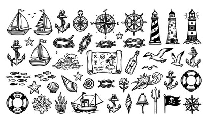 Hand Drawn Nautical Vector Icons with Sailboats Anchors and Seaside Marine Symbols © MdShojib