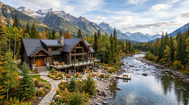 Super luxurious, upscale, modern, rich looking, elegant, high-end, single owner residential log cabin 50 feet from the shore from a mountain river in the middle of mountains with mountains