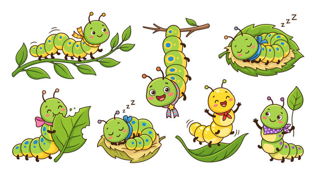 Cute caterpillar cartoon characters set, green insect mascot collection in various poses, funny garden bug vector illustrations for kids