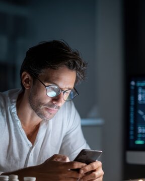 Focused man using smartphone at night with glasses reflection for remote work and late night productivity background for design and website banner