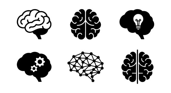 Human brain icon set, 6 mental health vector symbols, creative mind and logic concepts