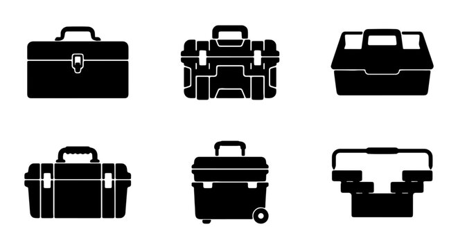 Industrial toolbox icon set, black tool box silhouettes, 6 equipment case vector icons