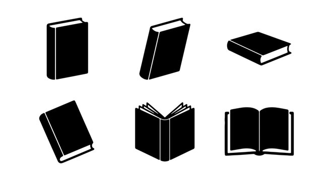 Minimalist book icon set, black hardcover book vectors, 6 library symbols for education