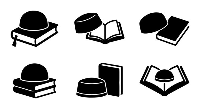 Islamic prayer cap and Quran icons, 6 black songkok and book vector set, Muslim religion